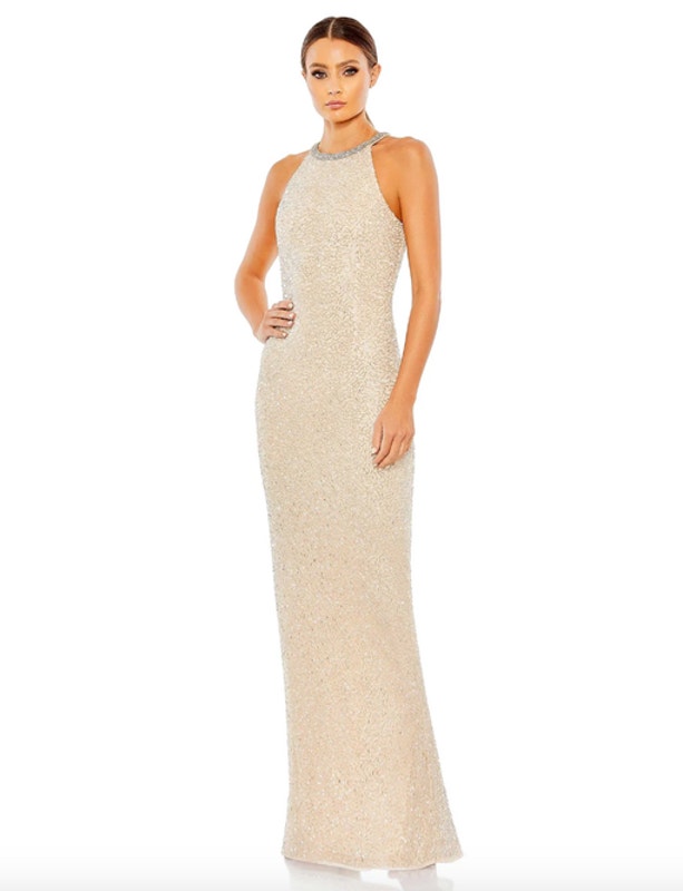 Mac Duggal Dress Size 2 Evening Gown Sequin Beaded Column Gown New Cream Flaw